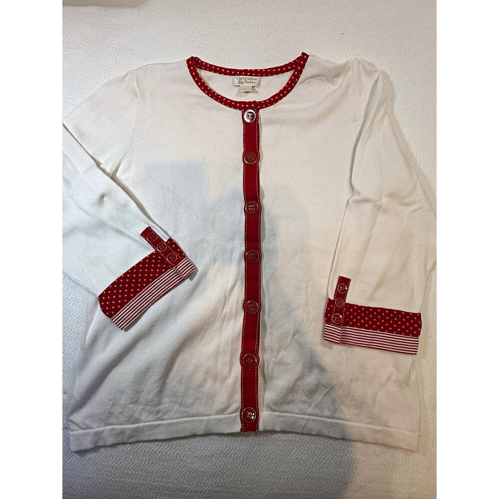 Christopher & Banks Women's L White Red Polka Dot Button Front Top 3/4 stained